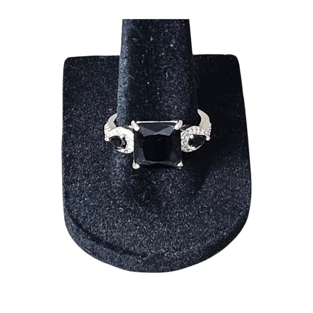 Princess Cut New Silver Tone Black Onyx Opaque Gemstone Diamante CZ Ring